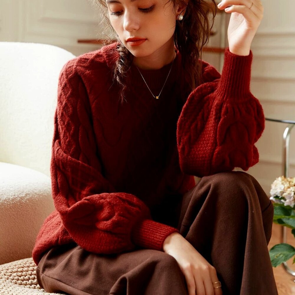 NWT BELLDINI Mock-neck Sweater Open Cable-Knit Lantern Sleeves Cranberry Red L